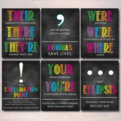 7th Grade English Classroom Decorations, Set Classroom, Middle School English Classroom, High School English Teacher, Punctuation Posters, Teacher Job, Grammar Punctuation, English Classroom Decor, Chalkboard Classroom