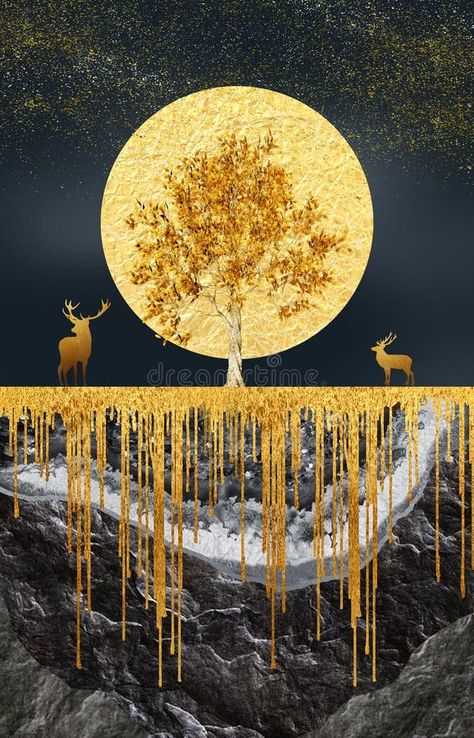 Deer Background, Background Art Illustration, Black Marble Background, Abstract Watercolor Flower, Golden Deer, Reflection Painting, Abstract Animal Art, Night Illustration, Wall Art 3d