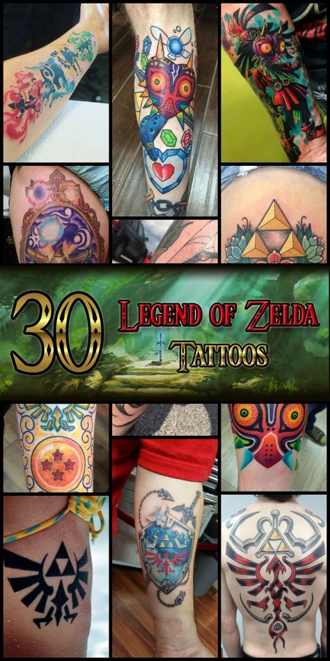 30 Legend of Zelda Tattoos - The Body is a Canvas #LegendOfZelda #tattoos #tattooideas Tattoo Ideas Legend Of Zelda, Zelda Flower Tattoo, Totk Tattoo, The Legend Of Zelda Tattoo Ideas, Tattoo Ideas Zelda, Legend Of Zelda Tattoo Ideas, Zelda Botw Tattoo, Zelda Tattoo Sleeve, Zelda Tattoo Design