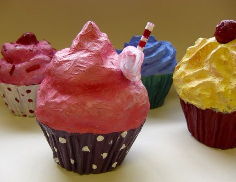 Wales High School Y9 paper mâché cupcakes Paper Mache Cupcake, Cupcake Project, 3rd Grade, Paper Mache, Wales, Art Projects, Cupcake, High School, Art