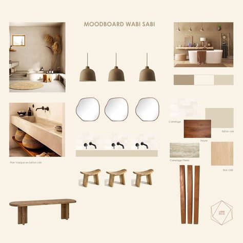 Wabi Sabi Bathroom Decor, Wabi Sabi Moodboard Interior, Wabi Sabi Bathroom Lighting, Wabi Sabi Spa Design, Wabi Sabi Vanity, Wabi Sabi Material Board, Wabi Sabi Interior Bathroom, Wabi Sabi Toilet, Wabi Sabi Moodboard