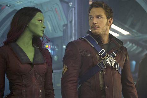 Gamora (Zoe Saldana) and Peter Quill (Chris Pratt) question their situation in Marvel's "Guardians of the Galaxy" Starlord And Gamora, Richard Lawson, Disney Names, Adam Warlock, Michael Rooker, Galaxy Movie, Joel Edgerton, Dave Bautista, Zachary Levi