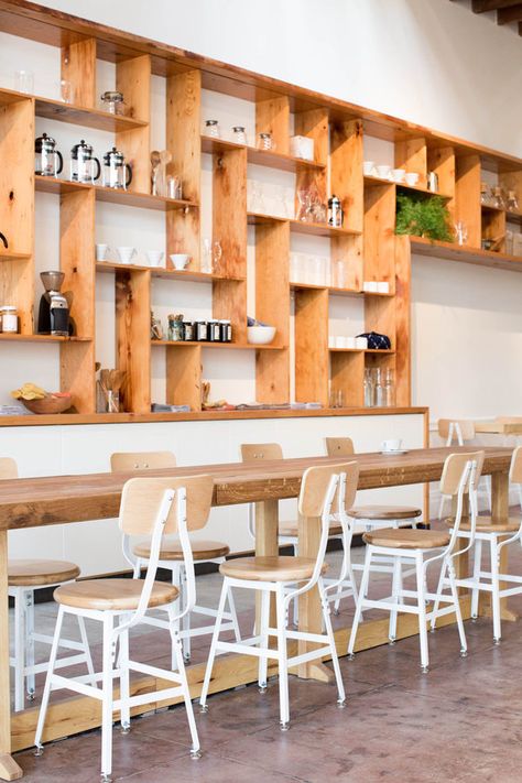 Cafe Shelving, Cafe Shelf, Shelving Inspiration, Plywood Shelving, Concept Restaurant, Slim Table, Bar Shelves, Design Café, Tv Shelf