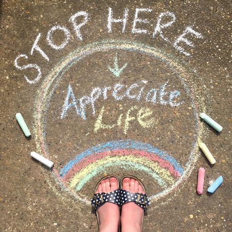 Kerry❤️💛💚💙💜 on Instagram: “🌈🌈🌈 ...STOP HERE! And appreciate life for awhile. That's what my chalk art heart says 💛 I've still not painted my toenails but I have left…” Chalk Messages, Chalk Quotes, Chalk Designs, Teacher Sayings, Fun Chalk Art, Chalk Writing, Chalk Artist, Spot Painting, Walk Idea