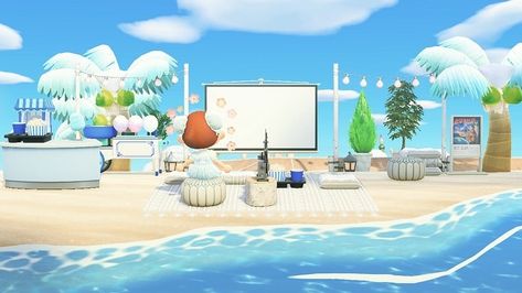 Beach Decor Animal Crossing, Outdoor Movie Theatre, Acnh 2023, Animal Crossing Movie, Acnh Spring, Tropical Inspiration, City Core, Outdoor Movie Theater, Acnh Design