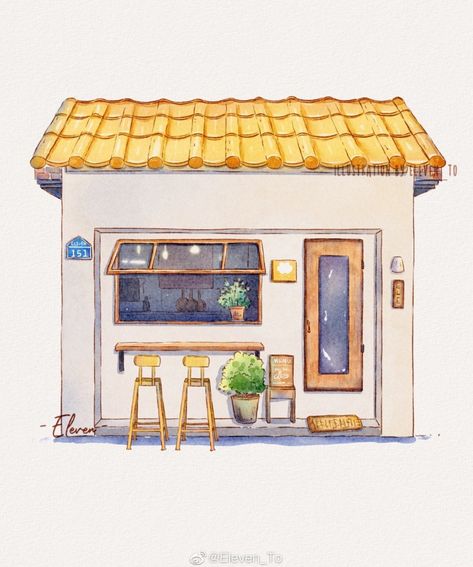 Japanese House Art, Japanese House Drawing, Simple House Drawing, Watercolor House Painting, Whimsical Art Journal, Building Painting, Building Illustration, House Sketch, Cute Sketches