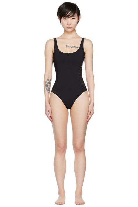 Moncler: Black Zip-Up One-Piece Swimsuit | SSENSE Bathsuits One Piece, Women Body Poses, Model Back Pose, Normal Poses Reference, Model Figure Pose, Swimsuit Modeling Poses, Female Model Pose Reference, Model Full Body Reference, Women Body Reference