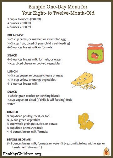 Sample Menu for an 8 to 12 Month Old - HealthyChildren.org Baby Meal Plan, Healthy Children, Baby & Toddler Food, Sample Menu, Baby Schedule, Baby First Foods, Baby Finger Foods, Baby Weaning, Homemade Baby Foods