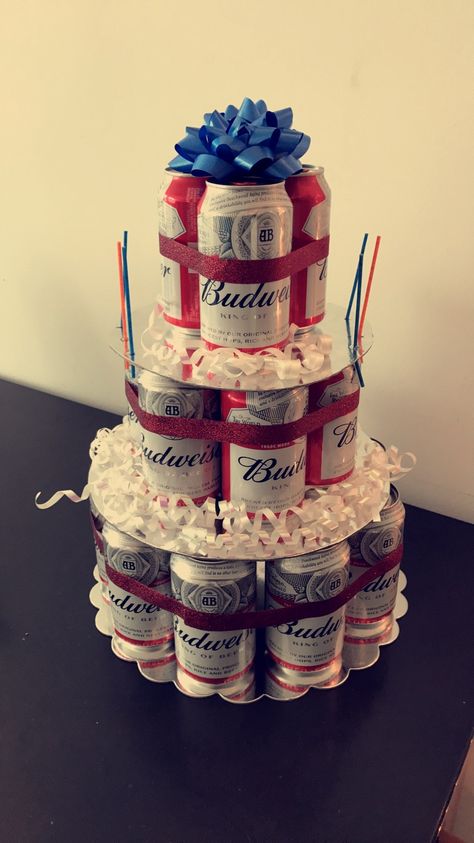 Beer Can Birthday Cakes For Men, Budweiser Birthday Ideas, How To Make A Beer Cake, How To Make A Beer Cake With Cans, Beer Can Cakes For Men, Budweiser Cake Ideas, Beer Cake Tower Diy, Beer Can Cake Tower, Can Cake Tower