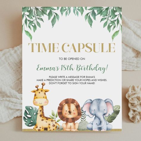 Add a special touch to your little one's Wild ONE birthday party with this Time Capsule Sign. Let your guests contribute their heartfelt messages and wishes for your child's future with this unique party game. The cute jungle animals design adds a fun and playful element to the sign, making it perfect for a safari or zoo animal-themed party. Create lasting memories and treasure the messages for years to come with this delightful time capsule sign. Wild One Birthday Party Activities, Safari Birthday Games, Wild One Party Games, Diy Wild One Birthday Decorations, Wild One Birthday Food Ideas, One Wild Year 1st Birthday, Wild One First Birthday Boys, Wild One Food, Jungle First Birthday Party