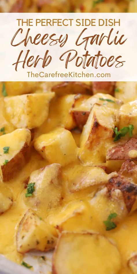 These Garlic Herb Cheesy Potatoes are a simple side dish that tastes great with just about anything. They are tossed in Italian herbs and garlic, oven-roasted, smothered in delicious cheesy goodness and then topped off with bacon bits and green onions. #sides #sidedish #potatoes #cheesy #thecarefreekitchen Cheesy Garlic Roasted Potatoes, Oven Roasted Cheesy Potatoes, Cheesy Roasted Potatoes In Oven, Cheesy Potatoes Without Sour Cream, Simple Cheesy Potatoes, Fast Potato Side Dishes, Healthy Cheesy Potatoes, Lil Potatoes Recipe, Cheesy Oven Potatoes