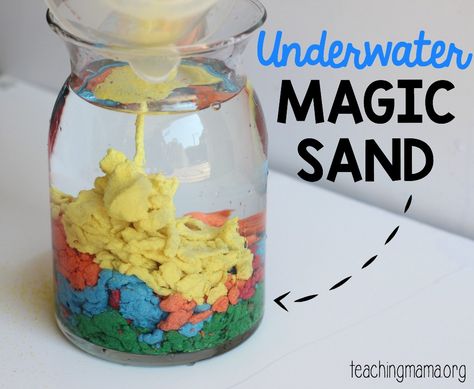 Try this simple science experiment to create underwater magic sand. Science Projects For Preschoolers, Candy Cane Experiment, Creative Curriculum Preschool, Scientist Party, Teaching Mama, School Age Activities, Magic Sand, Hawaiian Summer, Science Party