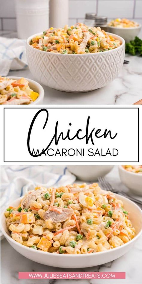 This creamy & delicious Chicken Macaroni Salad is the perfect side dish for any gathering. Packed with pasta, chicken, & colorful veggies, it's sure to impress your guests! No one will be able to resist this classic comfort food! Macaroni Salad With Chicken, Chicken Macaroni Salad Recipe, Montreal Chicken Seasoning, Chicken Peas, Chicken Macaroni Salad, Chicken Macaroni, Colorful Veggies, Cold Pasta Salad Recipes, Salad With Chicken