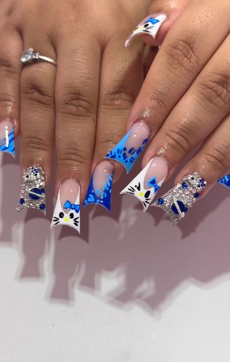 Blue Nails Hello Kitty, Blue Duck Nails Acrylic, Baby Blue Duck Nails, Blue Hello Kitty Nails, Blue Cheetah Nails, Dark Blue Nails Ideas, Blue Design Nails, Baby Blue Acrylic Nails, Blue Hello Kitty