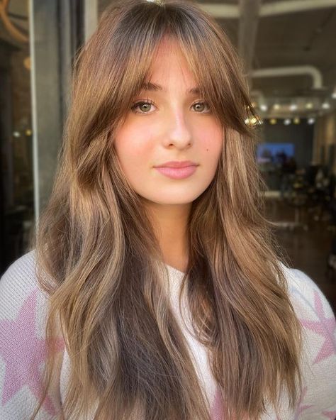 Longer Fringe Bangs, Grown Out Fringe Long Hair, Growing Out Fringe Haircuts, Long Soft Bangs, Fringe Growing Out Hairstyles, Subtle Bangs Long Hair Face Framing, Georgia Steel Hair Fringe, Grow Out Curtain Bangs, Georgia Steel Fringe