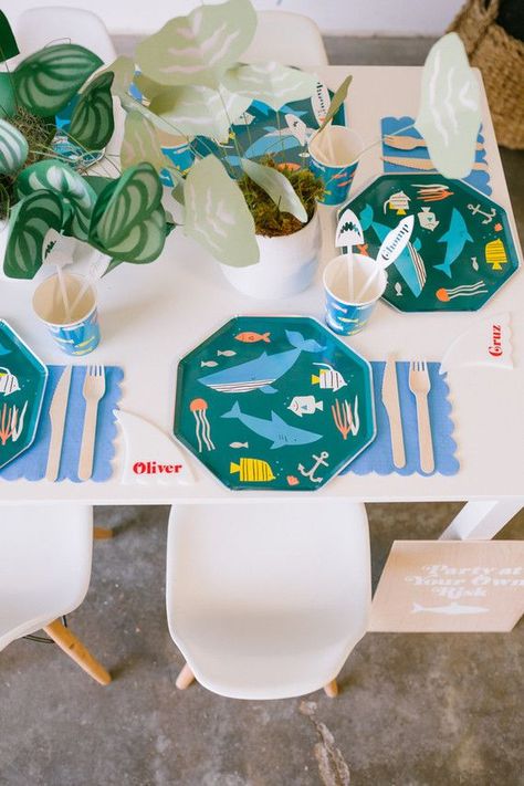 Modern shark themed birthday party for Shark Week Shark Themed Birthday, Shark Week Party, Shark Themed Party, Ocean Birthday Party, Shark Themed Birthday Party, Shark Cake, Ocean Birthday, Boy Birthday Party Themes, One Year Birthday