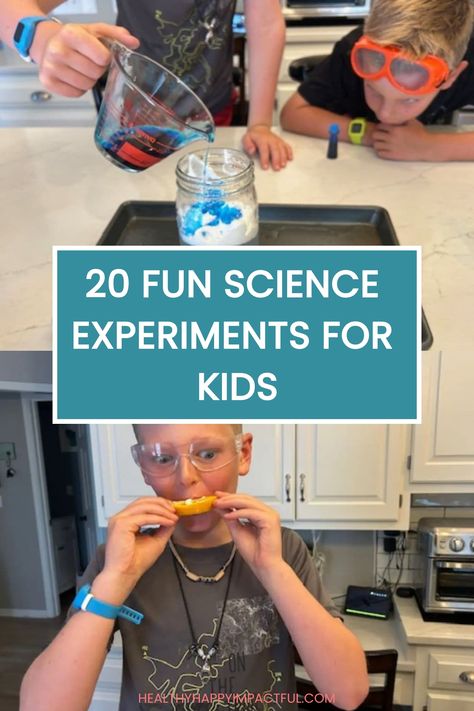 Two children conducting science experiments at home, one pouring liquid and another observing. Text overlay reads, "20 Fun Science Experiments for Kids." Preschool Science Experiments, Fun Science Experiments For Kids, Balloon Experiment, School Science Experiments, Fun Science Experiments, Science Experience, Fun Experiments, Science Experiments For Kids, Science Experiments For Preschoolers