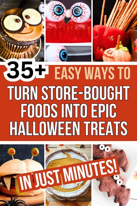 Store Bought Food For Party, Halloween Store Bought Treat Ideas, Easy Halloween Snack Ideas For Party, Store Bought Halloween Treats, Halloween Party Food Easy Cheap, Make Ahead Halloween Treats, Semi Homemade Halloween Treats, Halloween Team Snacks, Halloween Office Party Food Ideas