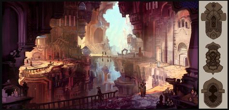 Canyon City Concept Art, Desert Cave Concept Art, Dnd Desert City, Desert City Art, Desert City Concept Art, Desert City Fantasy Art, Fantasy Desert City, Fantasy Desert, Dwarven City