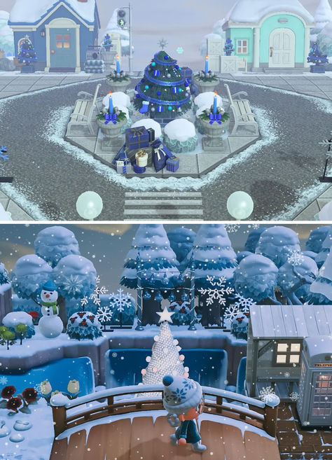 Need more Christmas style on your ACNH island? This collection has all the winter-themed goodies you're looking for Acnh Ice Skating Rink Code, Winter Paths Acnh, Acnh Winter City, Acnh Snowflake Design Code, Acnh Winter Island Names, Acnh Ice Path, Acnh Winter Builds, Winter Acnh Island, Christmas Island Acnh