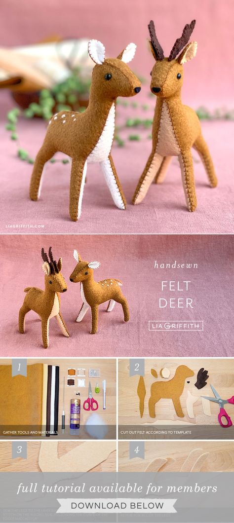 Felt Deer - Lia Griffith - created via https://pinthemall.net Sewn Felt Animals, Felt Deer Ornament, Lia Griffith Felt Animals, Felt Deer Pattern, Deer Sewing Pattern, Felt Horses, Lia Griffith Felt, Deer Stuffed Animal, Felt Deer