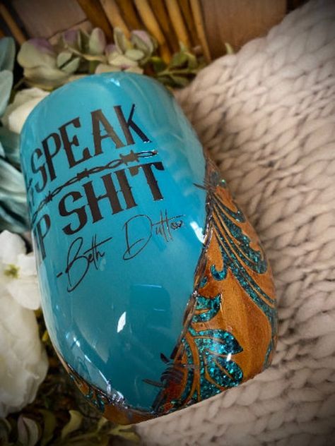 Yellowstone Tumbler Teal Glitter Wine Glass Custom Glitter | Etsy Country Tumbler Ideas, Beth Dutton Tumbler Ideas, Punchy Tumblers, Beth Dutton Tumbler, Yellowstone Tumbler Ideas, Beth Dutton Tumbler Cup, Cute Western Tumbler Cups, Rodeo Tumbler Ideas, Yellowstone Tumblers