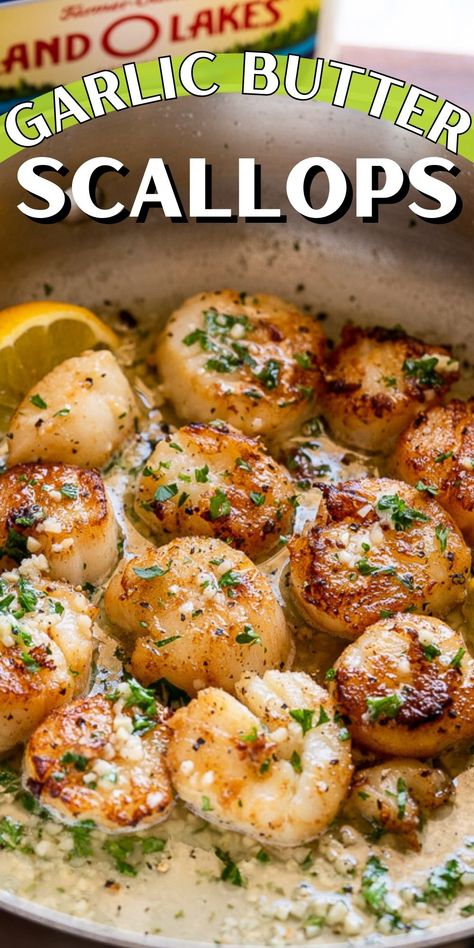 These simple Garlic Butter Scallops are pan-seared and seasoned to perfection. Serve by themselves or over freshly cooked pasta for an elegant, yet quick meal. Small Bay Scallop Recipes, Sauteed Scallops Garlic Butter, Cooking Scallops On The Stove, Mini Scallops Recipe, Baby Scallops Recipe, Scallop Alfredo Pasta, Scallops And Asparagus Recipe, Butter Scallops Recipe, Garlic Butter Scallops Recipe