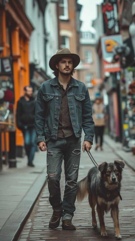 Urban Cowboy Walk: Man in a hat and denim jacket walks his dog down a bustling city street. #man #dog #walking #city #street #aiart #aiphoto #stockcake ⬇️ Download and 📝 Prompt 👉 https://ayr.app/l/49cF Walking Dog Outfit, Urban Cowboy Aesthetic, Walking Dog Photoshoot, Brown Hat Outfit, Dog Street Photography, Dog Walk Photography, Urban Cowboy Style, Woman Walking Dog, Pins On Denim Jacket