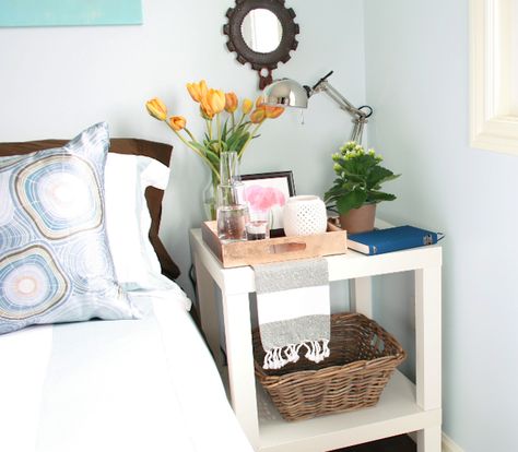 Go hack crazy on your IKEA nightstand to give it some serious attitude. Ikea Molger, Ikea Nightstand Hack, Styling Mirror, Ikea Lack Hack, Ikea Bissa, Ikea Table Hack, Ikea Latt, Nightstand Tray, Ikea Trones