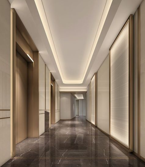 Hotel Corridor Design, Elevator Lobby Design, Dr Office, Lobby Designs, Moon Hotel, Elevator Lobby, Hotel Corridor, Fall Ceiling, Hotel Hallway