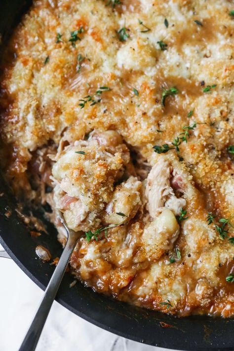 One-Pan French Onion Chicken Gnocchi Bake Chicken Gnocchi Bake, Onion Dishes, Gnocchi Bake, Baked Gnocchi, Chicken Gnocchi, French Onion Chicken, Onion Chicken, Sleep Deprived, Gnocchi Recipes