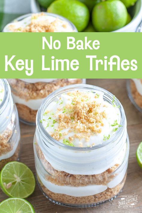 No-Bake Key Lime Trifle - #Quick, #easy and oh-so-delicious, this sweet treat is going to be your go-to #recipe this summer. Just mix, alternate layers of key #lime cream and crushed graham crackers, and serve. Serve individually or in a large #trifle bowl for a beautiful #dessert perfect for a #picnic, #party or celebration. For more custard/pudding/mousse recipes visit www.dixiecrystals.com. #keylime #dixiecrystals Key Lime Trifle, No Bake Key Lime Pie, Pudding Custard, Traditional Bread Pudding, No Bake Key Lime, Low Sugar Granola, Jar Desserts, Peanut Butter Cup Brownies, Mason Jar Desserts