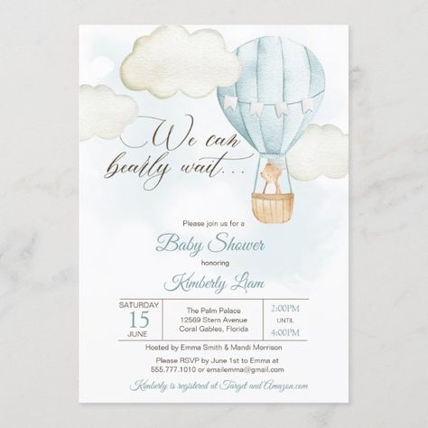 Teddy Bear Boy Blue Bearly Wait Baby Shower Invitation Bear Hot Air Balloon, November Baby Shower, Hot Air Balloon Invitation, Balloon Bear, Baby Shower Games Unique, Classy Baby Shower, Gender Neutral Baby Shower Invitations, Bear Invitations