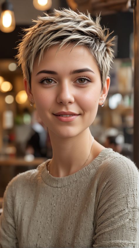 Short Spiked Hair For Women, Really Short Hair Color Ideas, Short Women’s Pixie Cut, Short Hair Styles Pixie Undercut, Short Brunette Pixie With Highlights, Extremely Short Hairstyles For Women, Light Brown Hair With Highlights Pixie, Women’s Short Haircuts Pixie, Pixie Hairstyle Women