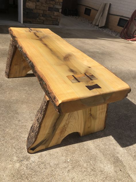 Poplar live edge slab bench with butterfly Live Edge Bench Diy, Live Edge Bench Seat, Live Edge Outdoor Bench, Live Edge Wooden Bench, Live Edge Garden Bench, Live Edge Wood Furniture, Rustic Wood Bench, Log Bench, Live Edge Bench