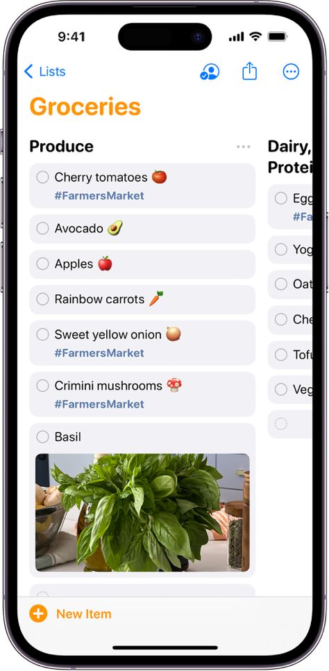 Make a grocery list in Reminders on iPhone – Apple Support (AU) Reminders On Iphone, Apple Reminders, Reminder App, Iphone Notes, Apple Notes, Grocery List Template, Crimini Mushrooms, Technology Tips, Rainbow Carrots