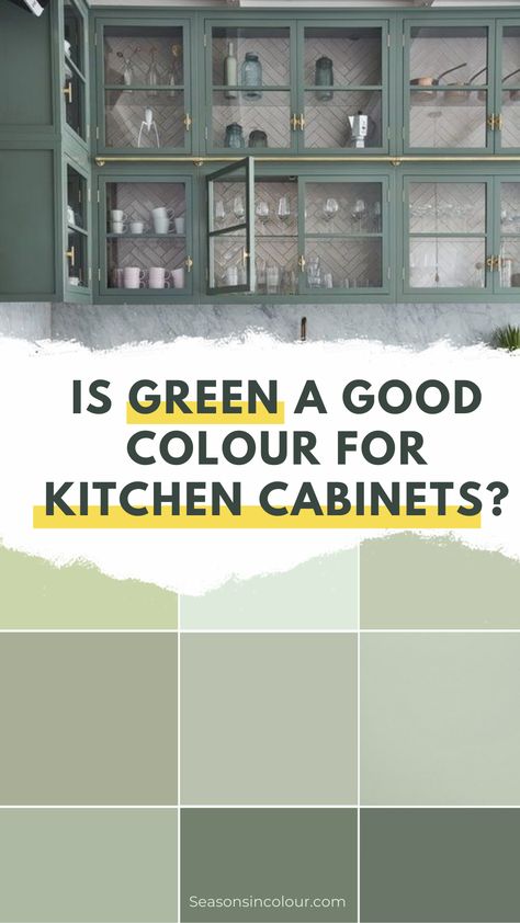 Green kitchen cabinet ideas. Seasonsincolour shares ideas for kitchen makeovers and this amazing farmhouse style kitchen with green cabinets and brass handles is just the dream. How to create a jawdropping kitchen design using a green palette and how to combine it with the right accessories. Lots of tips and ideas to help you create a unique kitchen that will be the heart of your home #kitchen #paint #seasonsincolour Creamy Green Kitchen Cabinets, Cottage Kitchen Accessories, Pistachio Color Kitchen, Kitchen Paint Ideas Walls Colour Schemes Farmhouse, Kitchens With Green Accents, Green Cottage Kitchen Cabinets, Small Kitchen Painting Ideas, Green Kitchen Countertops Ideas, Green Country Kitchen Farmhouse