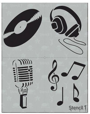 4 Pack Music Stencil Set Vinyl record, headphones, a vintage mic, treble clef and musical notes. Show your rockstar style by stenciling t-shirts, notebooks, walls, furniture and more Music Stencil, Sheet Music Art, Music Tattoo Designs, Music Drawings, Music Illustration, Music Artwork, Tattoo Outline, Stencil Diy, Music Aesthetic