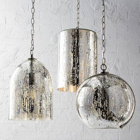 Again, mixed shapes. Mercury glass. Mercury Glass Pendant Light, Mercury Glass Pendant, Globe Pendant Lighting, Led Wand, Silver Pendant Lighting, Bathroom Pendant Lighting, Pendant Lighting Dining Room, Glass Cylinder, Island Lights