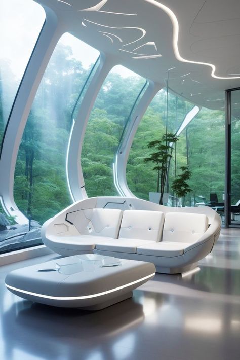 Step into a world where modern design blends with lush forests, offering smart living and breathtaking views. 🏡🍃 #FuturisticHome #NatureInspired #SmartLiving Futuristic Forest, Futuristic Architecture Interior, Futuristic Sofa, Futuristic Living Room, Forest Home, Luxury Sofa Design, House Interior Design Styles, Futuristic Home, Luxury House Interior Design