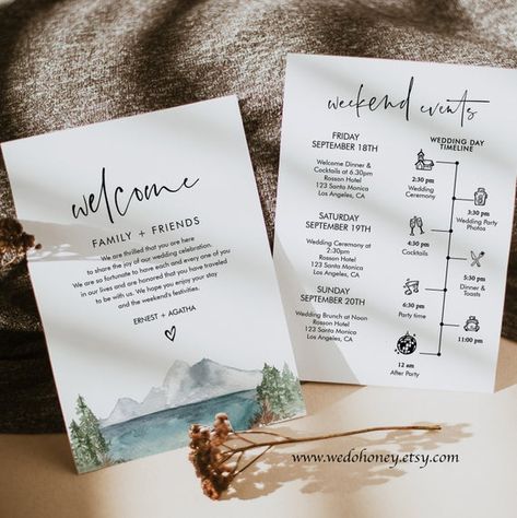 Pine Wedding Invitations, Pine Wedding, Wedding Order Of Events, Wedding Timeline Template, Friday Wedding, Welcome Letter, Order Of Events, Timeline Template, Wedding Icon