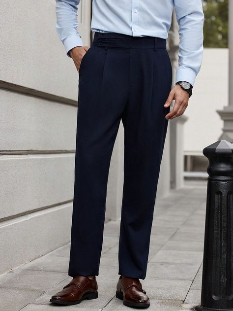 Navy Blue  Collar  Woven Fabric Plain  Embellished Slight Stretch All Men Clothing Navy Blue Slacks Outfit Mens, Blue Slacks Outfit Mens, Blue Slacks Outfit, Navy Blue Slacks, Blue Slacks, Slacks Outfit, Men Stylish Dress, Suit Trousers, Business Suit