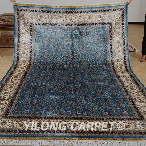 Yilong 6.56'x9.84​' Blue Silk Rugs Hand-knott​ed Carpets Geometric Handmade 0769 Iranian Silk Carpet, Iranian Rug, Iranian Rugs, Iranian Carpet, Hunting Design, Silk Rugs, Cheap Carpet, Geometric Carpet, Braided Rug