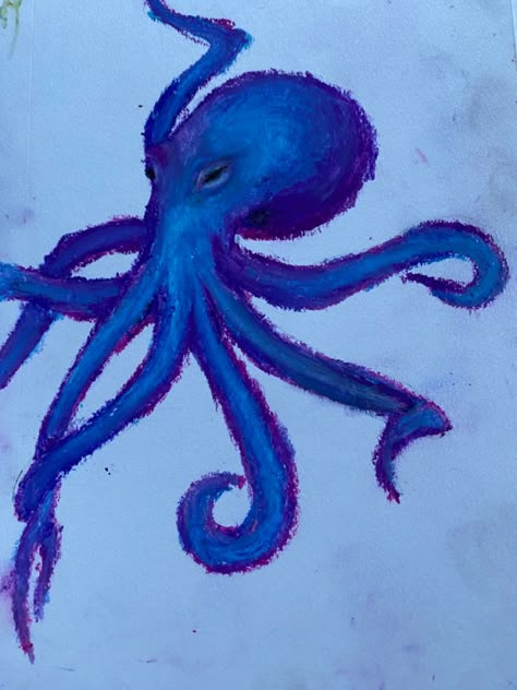 Octopus drawing, oil pastel art, oip pastel drawing, blue and purple, octopus reference, drawing base, notebook sketch, oil pastel sketch Fish Crayon Drawing, Oil Pastel Octopus, Jelly Fish Oil Pastels, Oil Pastel Sea Creatures, Oil Pastel Sea Animals, Oil Pastel Art Ocean, Blue Oil Pastel Art, Oil Pastel Animal Drawings, Jellyfish Oil Pastel