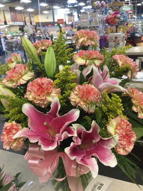 Lilies, carnations, solidago Lilium Flower, Church Flower Arrangements, Lily Bouquet, No Rain No Flowers, Carnation Flower, Wedding Vision, Birthday Idea, Aesthetic Pastel, Floral Arrangement