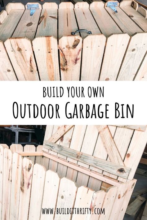 Diy Outdoor Garbage Bin, Outside Garbage Storage, Garbage Can Storage Outdoor Trash Bins, Outdoor Diy Storage, Outside Garbage Can Storage Diy, Trash Bin Storage Outdoor Plans, Wooden Trash Bins Outdoor, Outdoor Recycling Bin Storage, Pallet Trash Bin Outdoor