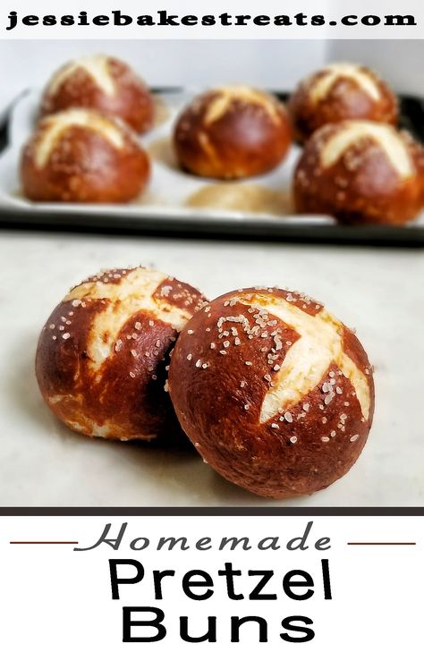 Soft Pretzel Buns Recipe, Pretzel Burger Buns, Easy Pretzel Buns Recipe, Buns For Sandwiches, Pretzel Rolls Recipe Easy, Pretzel Slider Buns, Pretzel Hamburger Buns, Homemade Hamburger Buns No Yeast, Home Made Buns Recipe