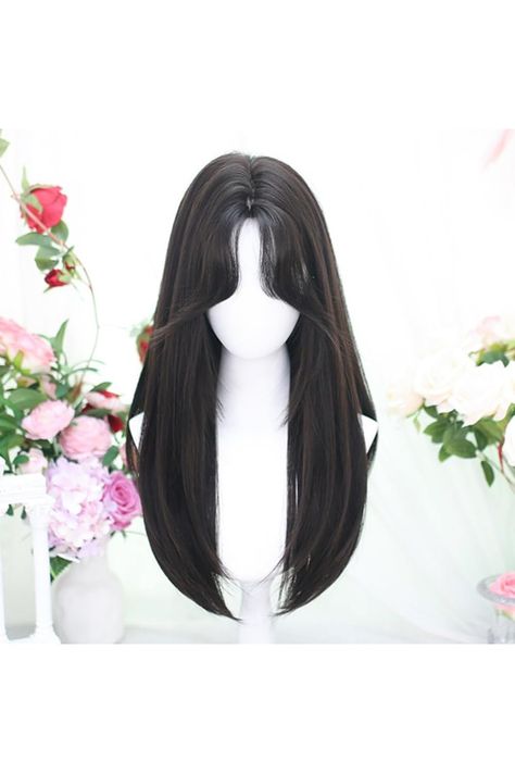 Long Straight Wig with Curtain Bangs Full Headband Lolita Wig Layered Hair - Natural Black Wig Ideal for Daily Wear, Cosplay, Parties and Harajuku Wig With Curtain Bangs, Long Straight Black Hair, Black Hair Wigs, Long Straight Wig, Straight Black Hair, Black Wig, Hair Natural, Black Natural Hairstyles, Straight Wig