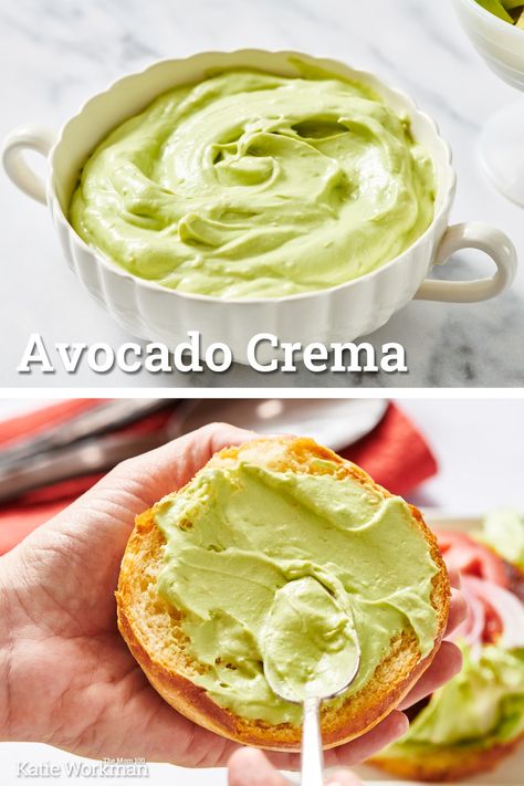 Avocado Crema / This three-ingredient creamy avocado dip or spread recipe takes 10 minutes to make and is the perfect addition to all kinds of Mexican dishes (and more!). Avocado Crema Recipe, Creamy Avocado Dip, Crema Recipe, How To Cut Avocado, Avocado Crema, Avocado Dip, Creamy Dip, Fish Sandwich, Marinade Sauce