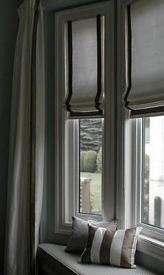 Roman blinds with black braid trim - nice window treatments and built in seat! Small Kitchen Window Curtains, Bay Window Treatments, Drapery Ideas, Kitchen Window Curtains, Transitional Living Rooms, Bathroom Windows, Window Room, Bedroom Windows, Window Dressings